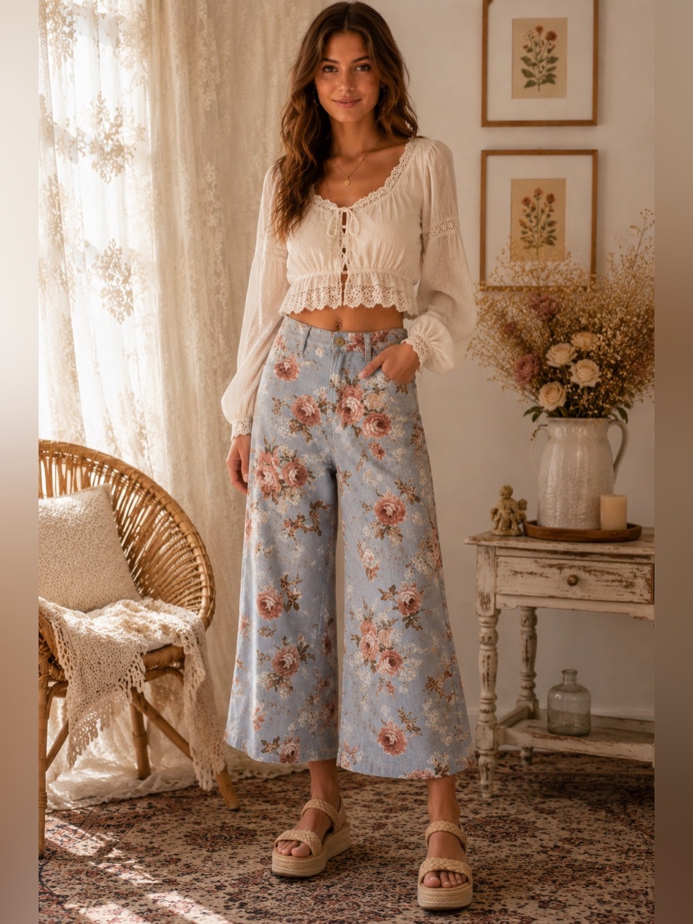 Loveimgs Floral Wide Leg Cropped Jeans M Boho Mid Rise Palazzo Pants Blue - A15